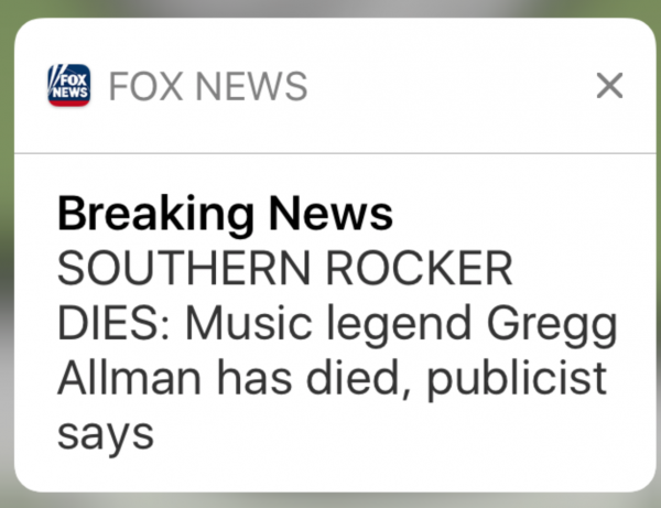 Greg Allman RIP notice from Fox News